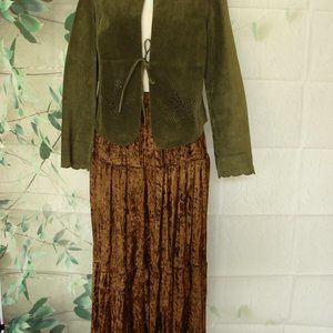 Warm Tone Brown Velveteen Tiered Full Skirt O/S Fall Classic Elastic Waist